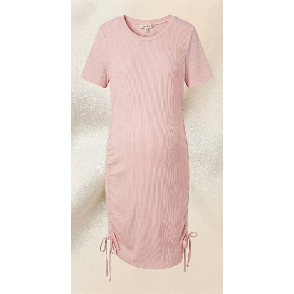 Destination Maternity Ribbed Ruched Bodycon Dress Pink Short Sleeve Midi XXL